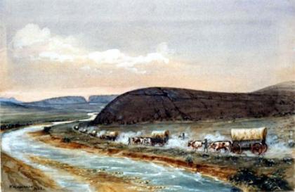 William Henry Jackson, who first passed Independence Rock in 1866, painted this watercolor of the Rock, with Devil's Gate in the background, from memory in 1936.