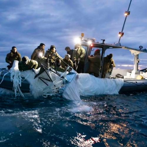 Sailors recover a high-altitude surveillance balloon off the coast of Myrtle Beach, S.C., Feb. 5, 2023. U.S. Navy photo.