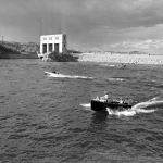 Boaters on Alcova Reservoir, shortly after the dam was finished and the reservoir filled, ca. 1938. American Heritage Center.