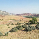 The Dull Knife battlefield today, looking east. The creek--the Red Fork of Powder River--is on the right. Soldiers advanced toward the viewer from the far end of the valley. Wikipedia.