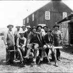 Cowpunchers on the Hunter Ranch, southeast of Riverside, Wyo., 1912.  Stimson took this picture while on a fishing trip, by automobile, to the upper North Platte. Wyoming State Archives.