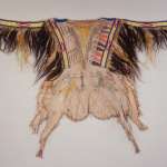 Back view of a Cheyenne man’s shirt, ca. 1860. The painted design illustrates two Cheyenne warriors battling Pawnee fighters. Painted pipes represent the number of war parties led by the artist of the shirt and the row of figures represents enemies he has defeated. Shown on the front is the image of the Cheyenne warrior defeating two Crow enemies. Other decorations include horse and human hair, porcupine quills and glass beads.  NMAI, Smithsonian Institution, catalog Number: 8/8034. 