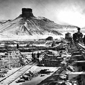 Temporary and permanent bridges over the Green River at the town of Green River, 1868. A.J. Russell, Oakland Museum of California.