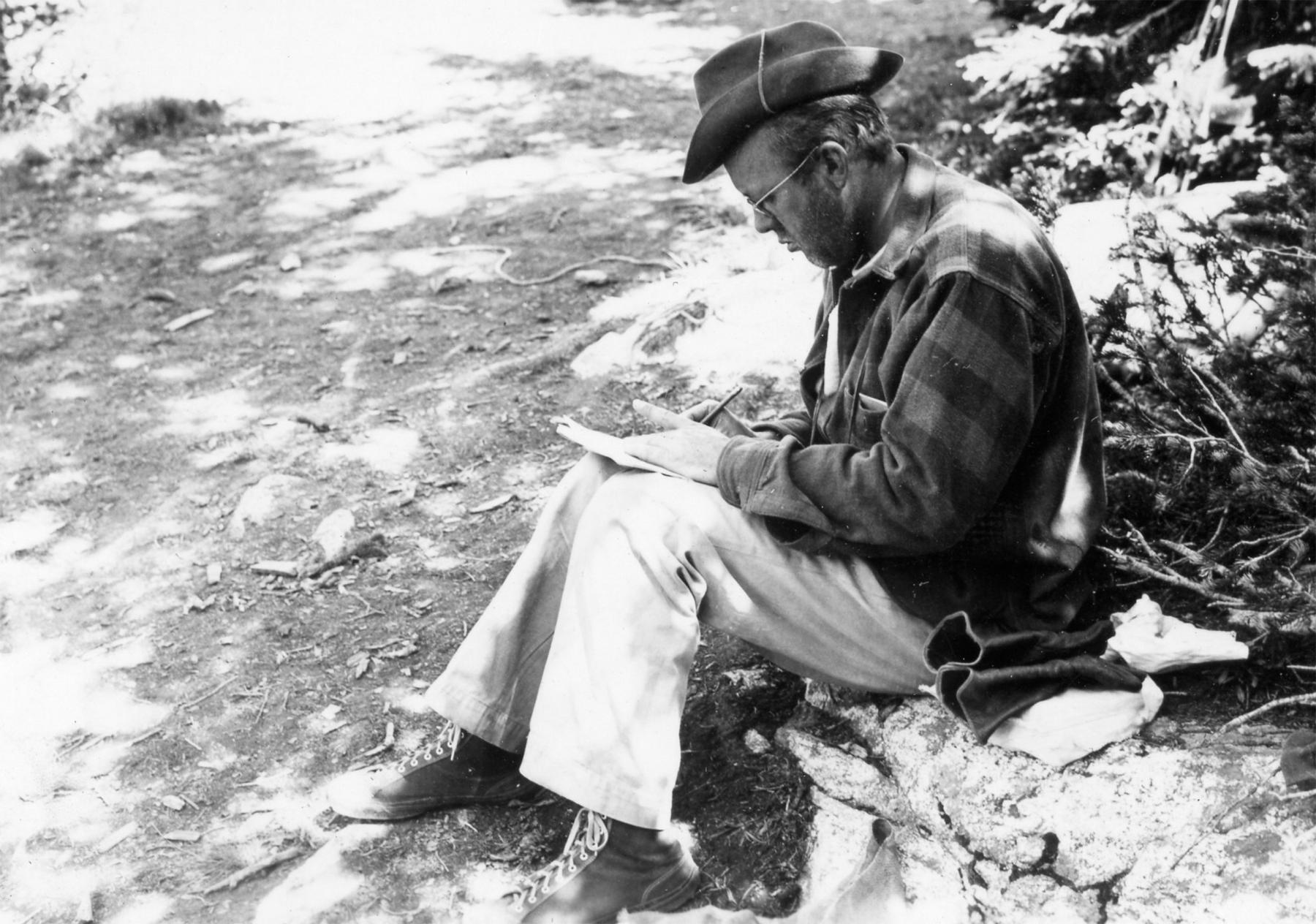 Howard Zahniser makes some notes on one of his many pack trips with the Schunks. Schunk family collection, courtesy Kathy Ahrens.