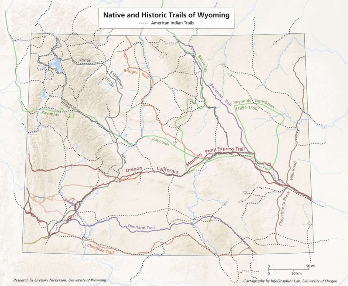 Early Euro-American emigrants and explorers followed routes already well known to the tribal people who lived and hunted here. The trapper and guide Jim Bridger, for example, was long a close associate of the Shoshone. Bridger followed native routes when he guided the Army Capt. William Raynolds's Expedition in 1859-60 and, a few years later, when he laid out a a trail through the Big Horn Basin. Shoshone guide Togote led Army Capt. William Jones on an exploration of Wyoming Territory in 1873. Cartography by University of Oregon InfoGraphics Lab.