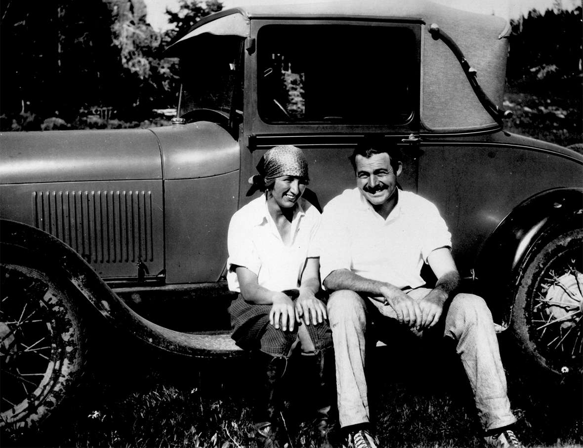 Hemingway and Frances 'Bunny' Thorne, at the time a guest at the Folly Ranch west of Sheridan, August 1928.  She met Hemingway's old friend, Bill Horne, at the ranch that summer, and later married him. The car is Hemingway’s yellow Ford runabout that roars through many anecdotes. Wyoming Room, Sheridan County Fulmer Public Library.