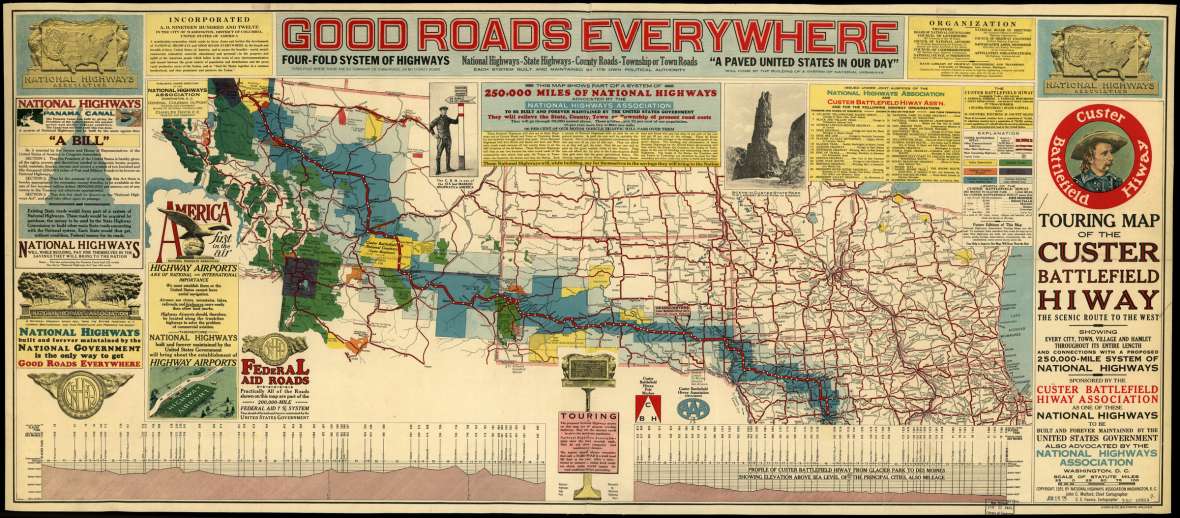 The Custer Battlefield Highway, designated in 1919, ran from Des Moines, Iowa, to Glacier National Park. The route traversed northeast Wyoming from Beulah to Parkman and passed through its namesake national cemetery in Montana. This map, published in 1925, aimed in part to press the federal government to pay for more roads. Library of Congress.