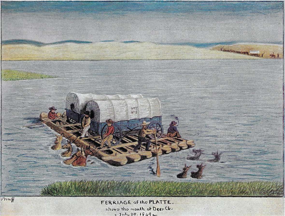 Ferry crossings were much safer--and more expensive--than trying to swim the livestock. California-bound J. Goldsborough Bruff's 1849 drawing of an eight-dugpout ferry at the Deer Creek crossing of the North Platte shows  mules tied to the boat. Courtesy Randy Brown.