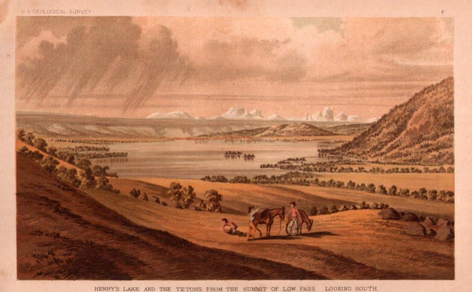 “Henry’s Lake and the Tetons from the Summit of Low Pass,” from the 1860 painting by Anton Schönborn, Chromolithograph published in the Twelfth Annual Report of the United States Geological and Geographical Survey of the Territories, 1883. Henry’s lake lies in present northeastern Idaho near the western boundary of Yellowstone Park.