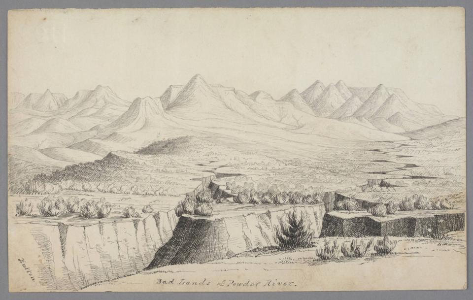 William Raynolds wrote: ”The spur along the summit of which we had been travelling and which we now crossed, is as perfect a specimen of ‘bad lands’ as can be found in the country. It is almost wholly devoid of vegetation.” Artist James D. Hutton titled this ink and pencil drawing “Bad Lands of Powder River” in July 1859. The Huntington Library.