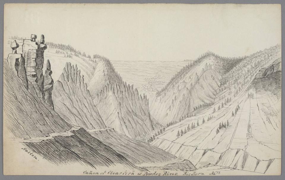 “The canyon is one of the most remarkable sights upon the continent,” Raynolds reported.  “Canon of Clear fork of Powder River, Big Horn Mts.” By James D. Hutton, July 1859. This appears to be the canyon of  Clear Creek, which flows east out of the Bighorns and through present Buffalo, Wyoming, on its way to Powder River. The Huntington Library.