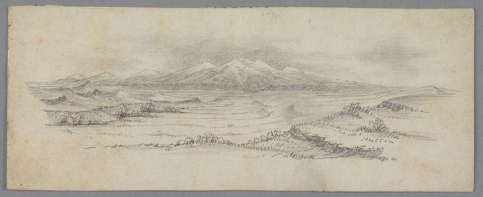 James D. Hutton captioned his August 1859 pencil drawing "Ah-pake emat-abe or Cloud peak. North-eastern extremity of the Big Horn range. From Clear Fork of Powder R[iver]. 56 miles distant.” Hutton is here looking west at the mountains from out on the plains. The Huntington Library. 