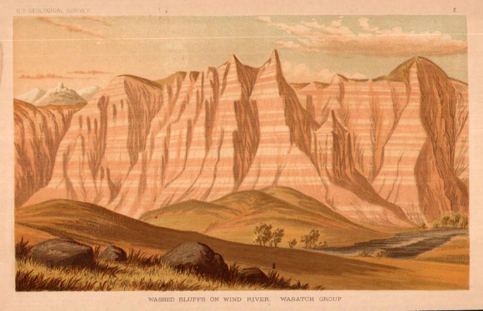 Raynolds wrote on May 17, 1860 that “The country cannot by any possible means ever be made fit for the habitation of the white man.” “Washed Bluffs on Wind River, Wasatch Group,” from an 1860 drawing by Anton Schönborn. Chromolithograph published in the Twelfth Annual Report of the United States Geological and Geographical Survey of the Territories, 1883. Striped bluffs like these flank the river today a few miles below present Dubois, Wyoming.