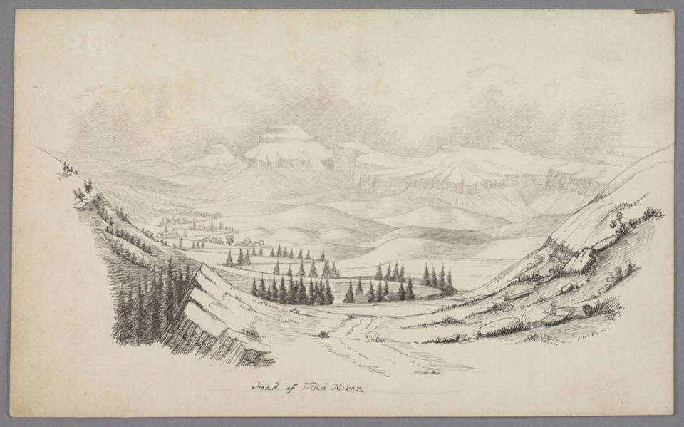 “Head of Wind River,” drawing by James D. Hutton, ink and pencil on paper, 1860. Raynolds and the main body of the expedition traveled up Wind River, over Union Pass and down the Gros Ventre Valley into Jackson Hole. The Huntington Library.