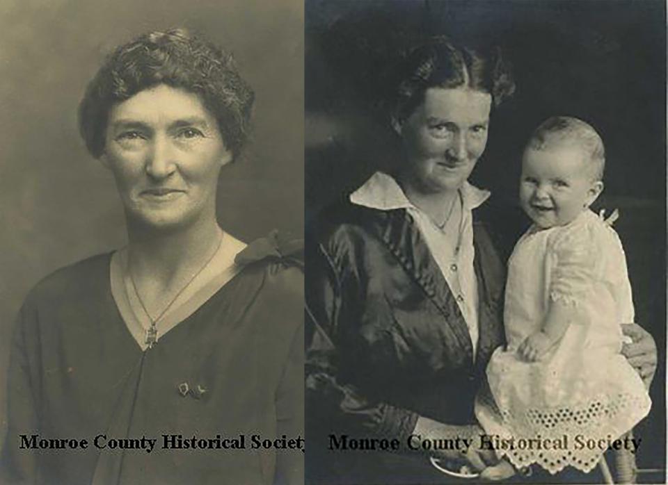 Two portraits of Cecelia Hendricks. In the one on the right she holds a smiling baby and smiles herself