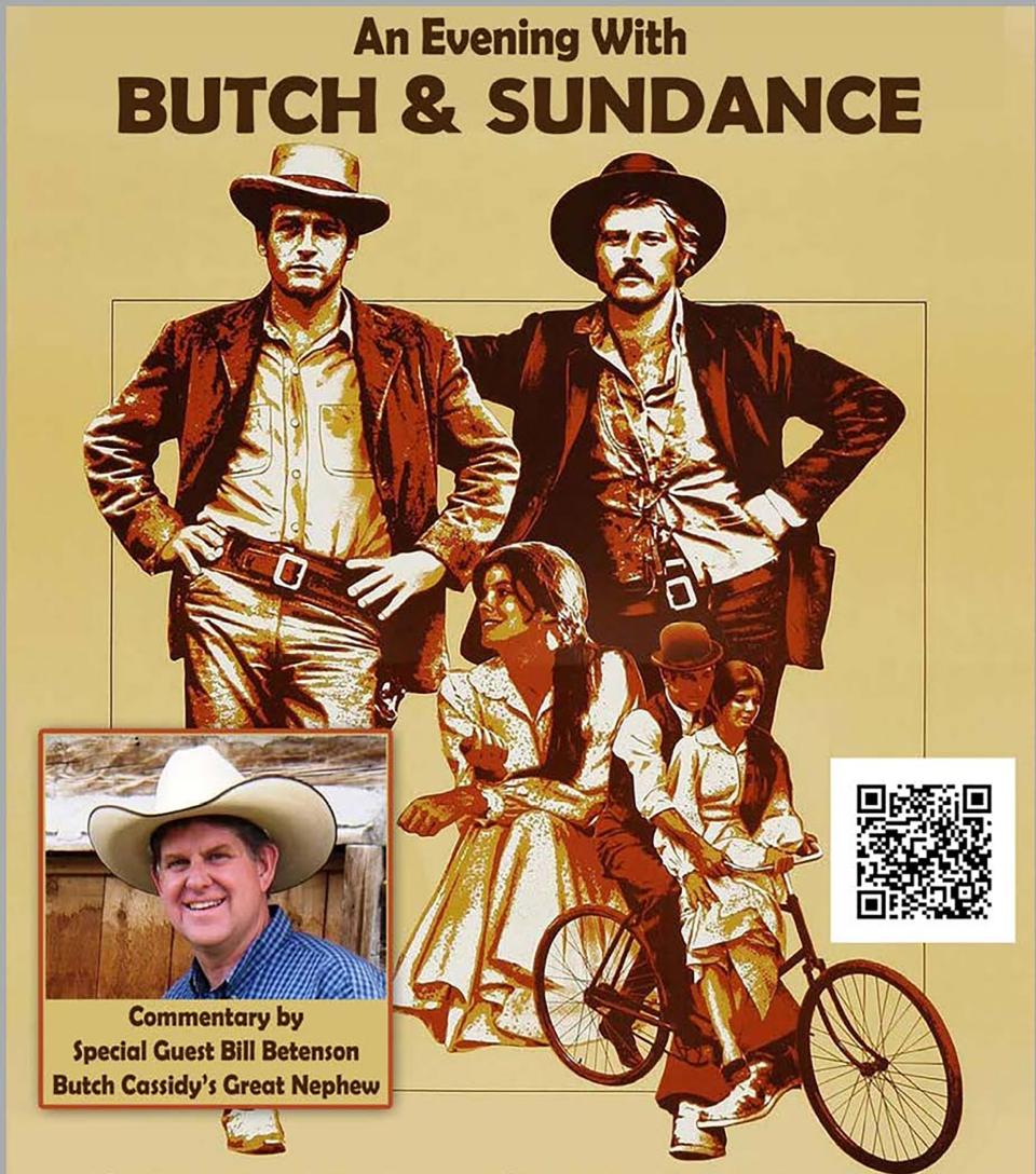 Poster image showing "And Evening with Butch and Sundance" with photo of Paul Newman and Robert Redford in their roles, and an inset with a picture of Bill Betenson, Butch Cassidy's great nephew