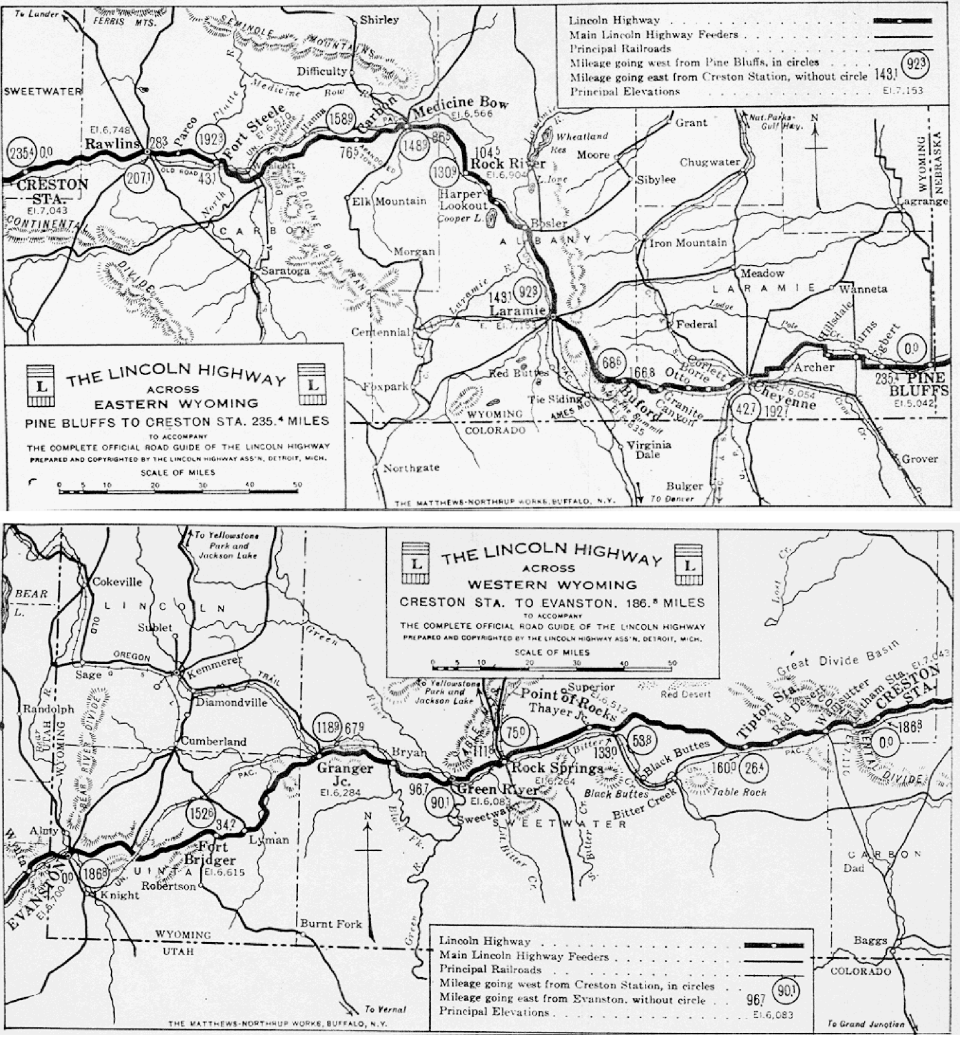 Map in two parts, titled "The Lincoln Highway Across Wyoming." Eastern segment from Pine Bluffs to Creston Sta., 235 miles; western segment from Creston Sat. to Evanston, 186 miles. Features Lincoln Highway, main feeder roads, principal railroads, mileage between major stopping points, elevations.