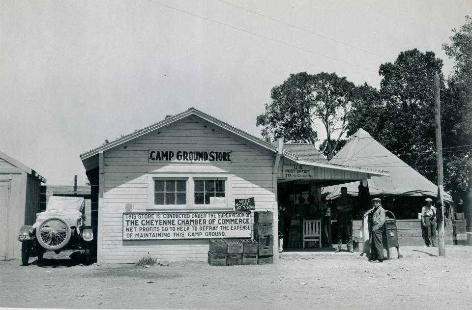 Building with sign "Camp Ground Store: This store is conducted under the supervision of the Cheynne Chamber of Commerce. Net profits go to help defray the expense of maintaining this campground."