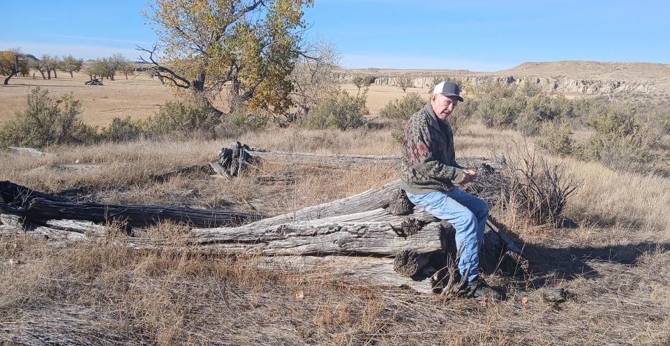 Man sitting on a fallen cottonwood on dry prairie