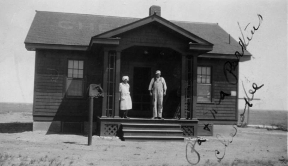 Airways Keepers “Ma and Pa” Perkins stand on the porch of their K quarters at site 26, Cherokee, Wyo., west of Rawlins, ca. 1930. Keepers led isolated lives. Ben Ashlock photo, author's collection.