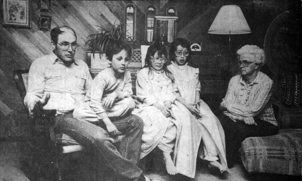 Sammy Bennion, Jr., his children Sammy, Nancy and Janaan and their grandmother Verlene Bennion at their home near Cokeville, May 1986. All three children and Verlene, a teacher's aide, were in the classroom at the time of the bombing. Verlene was one of the last people out of the building. Bill Wilcox photo, Casper Star-Tribune Collection, Casper College Western History Center.