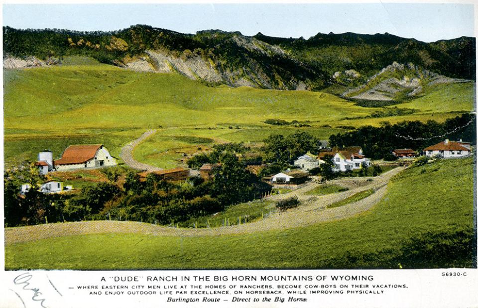 A 1920s postcard of Eatons' ranch also promoted the Burlington Railroad as a way to get there. Wyoming Room, Sheridan County Library.