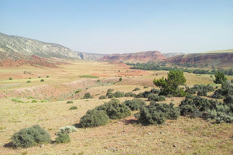 The Dull Knife battlefield today, looking east. The creek--the Red Fork of Powder River--is on the right. Soldiers advanced toward the viewer from the far end of the valley. Wikipedia.