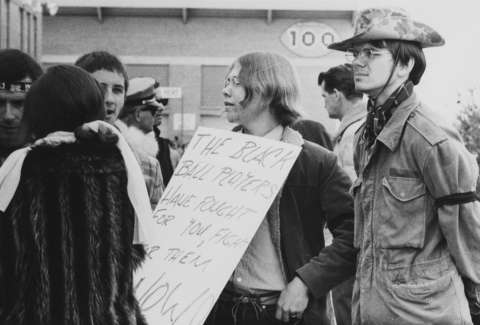 By the fall of 1969, when Loren Evans had been barred from school for two years, longer hair already was common among University of Wyoming students protesting the Black 14 incident. American Heritage Center.