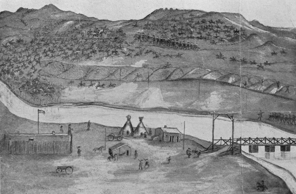 The post at Platte Bridge, the North Platte River and an Indian fight underway on the north side, by a trooper of the 11th Kansas Infantry who was at the battle in 1865 when Lt. Caspar Collins was killed. William Henry Jackson may have based his later painting partly on this sketch. American Heritage Center.