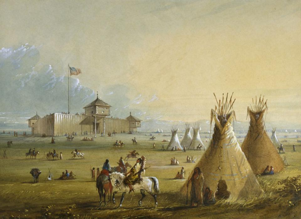 Baltimore painter Alfred Jacob Miller visited Fort Laramie in 1837, during the waning years of the fur trade. He painted this painting from sketches two decades later. Walters Art Gallery, Wilkipedia.