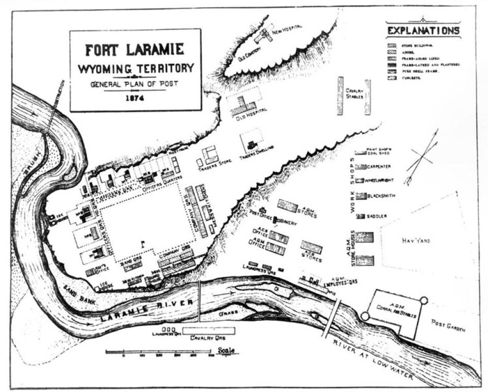 A map of Fort Laramie in 1874, when it was an important U.S. Army supply post in the Indian Wars.