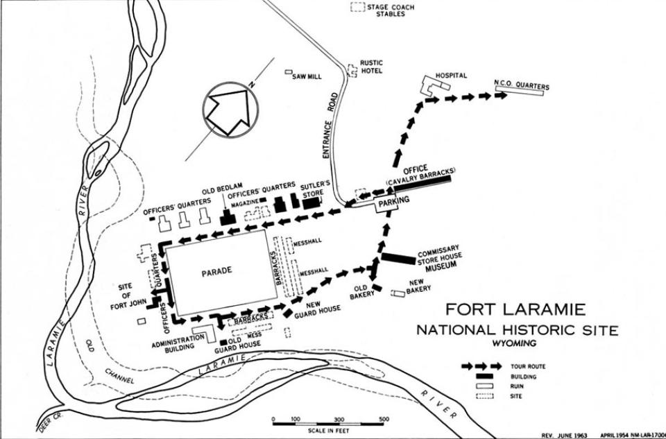 A plan of the Fort Laramie Historic Site in 1963. Today, many more buildings have been restored and there are more parking and picnic grounds about where the North arrow is on this map. National Park Service.