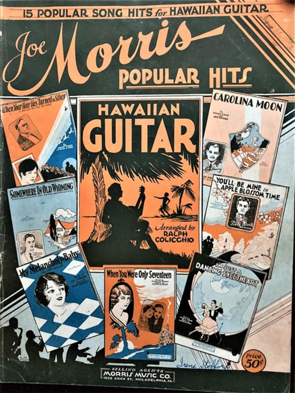 A popular book of Hawaiian guitar music was published by Joe Morris in 1931. It included many popular non-Hawaiian songs of the day, bringing the sound of the Hawaiian guitar to “My Melancholy Baby,” “Carolina Moon” and numerous other compositions. Inclusion of “Somewhere in Old Wyoming,” may have made it more popular in the Cowboy State. Author’s collection.