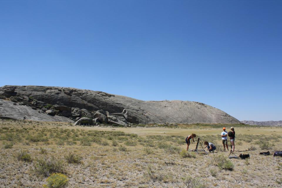 Oregon Trail history continues to fascinate people worldwide. A Belgian film crew at Independence Rock, July 2012. Tom Rea photo.