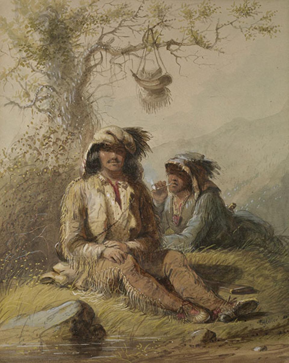 'Trappers,' by Alfred Jacob Miller. Another example of the combination of Miller's romantic view of the West with attention to unique details of dress and gear. The man on the left may be the well-known mountain man Moses 'Black' Harris. Walters Art Museum. 