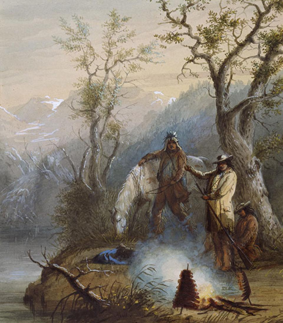 'Roasting the Hump Rib,' by Alfred Jacob Miller. The hump rib was supposedly the best-tasting part of the buffalo. William Drummond Stewart in long coat and broad hat. Walters Art Museum.