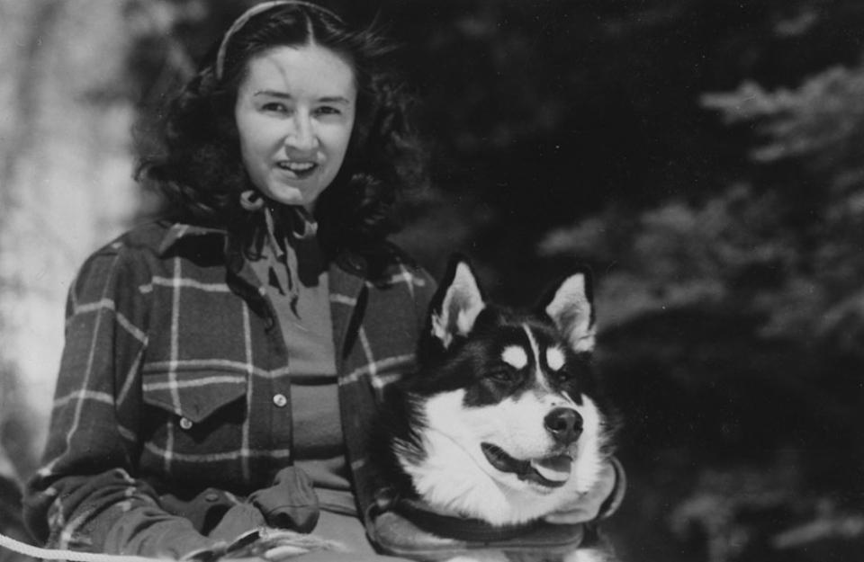 Louise Murie with Toklat about 1946, probably in Jackson Hole. The Murie Center.