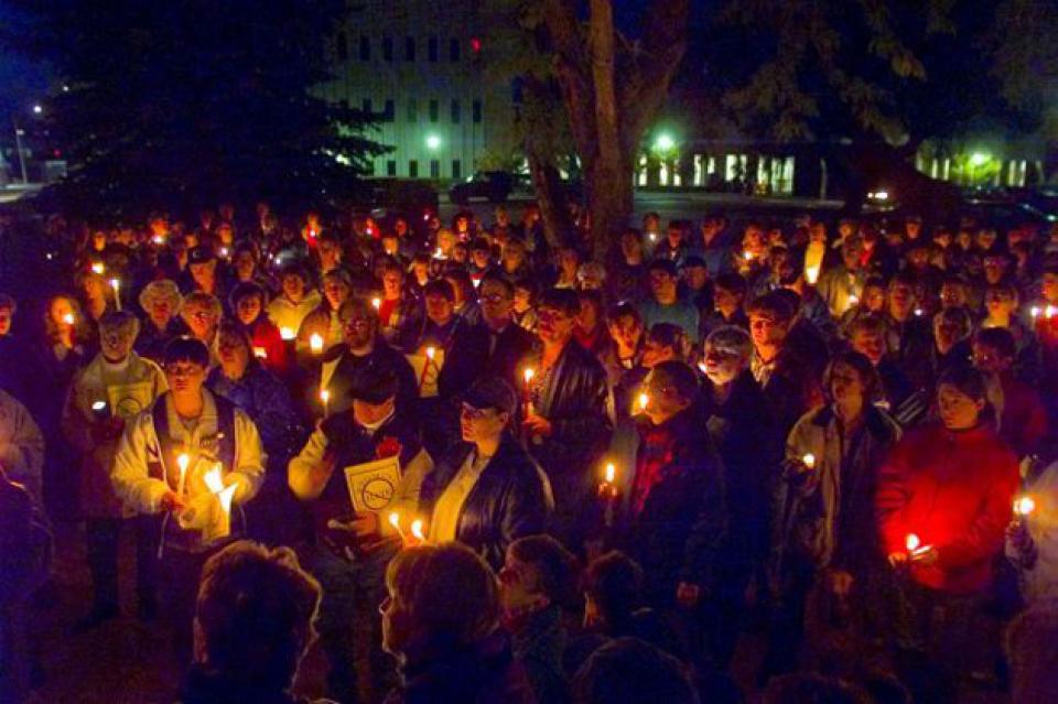 A candlelight vigil is held in Pioneer Park in Casper on Oct. 11, 1998 for Matthew Shepard. Shepard died the following morning. Dan Cepeda, Casper Star-Tribune.