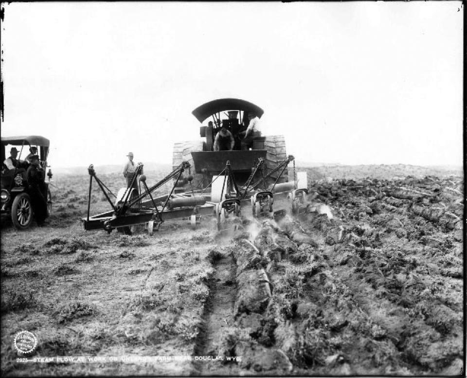 A steam plow at work on Unland's farm, near Douglas, Wyo., 1909. J.E. Stimson, Wyoming State Archives.