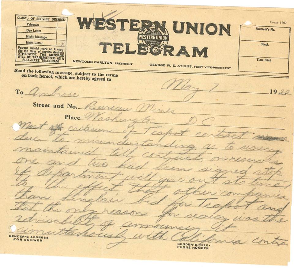 In May 1922, Fred B. Tough of the U.S. Bureau of Mines office in Casper telegrammed his superiors in Washington offering to write a press release to deflect criticism about Teapot Dome oil leasing procedures. DOE