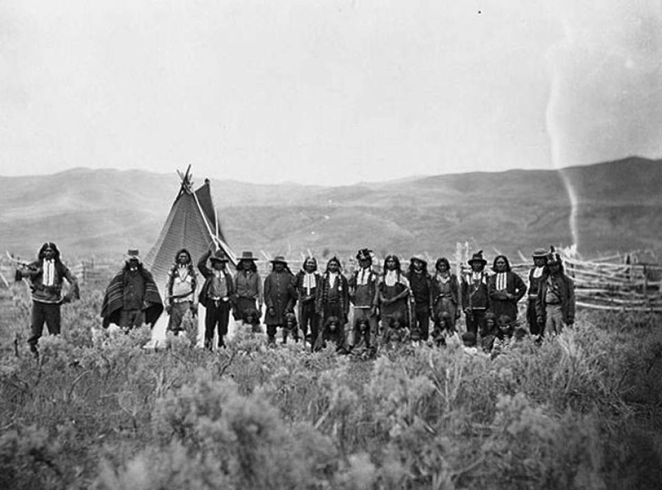 Shoshone Indians led by Chief Washakie relinquished their claim to the Green River Valley for building the UP right of way during negotiations at Fort Bridger in 1868. A.J. Russell, Wikipedia.