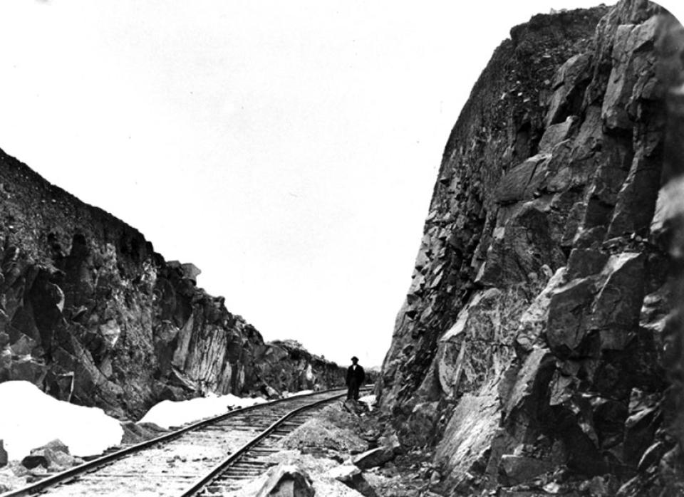 By the end of 1867, Union Pacific tracks had reached the Carmichael cut in Granite Canyon west of Cheyenne. A.J. Russell, 1869. USGS photo. 