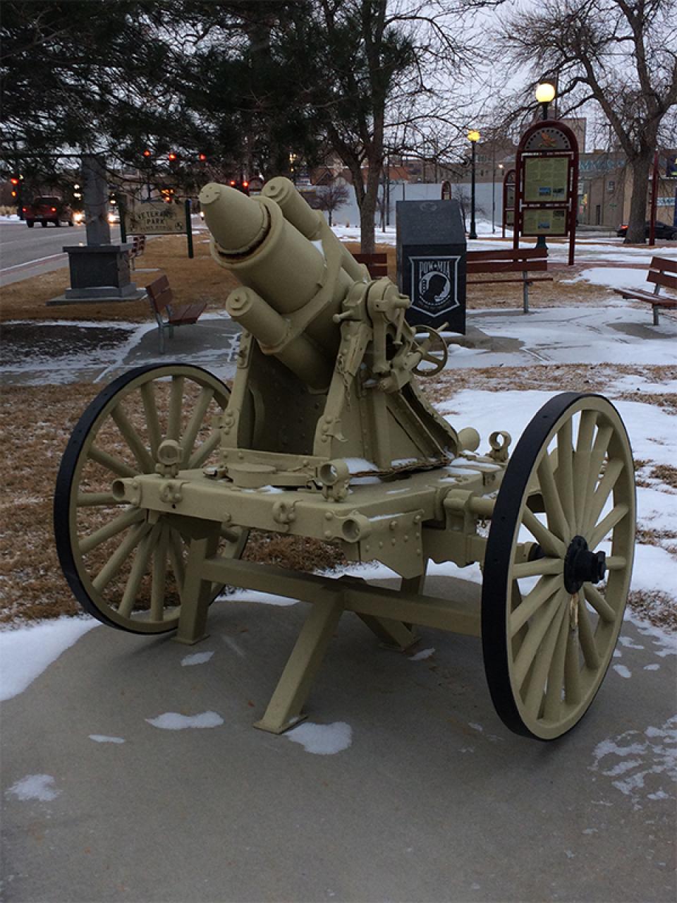 A captured German 17-centimeter trench mortar from World War I stands today among the memorials at Veteran's Park in Casper. Tom Rea photo.